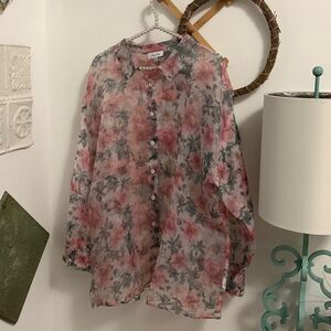 NEW Petal Dew Floral Sheer Blouse 2XL Button-Up Long Sleeve Romantic Spring Top
